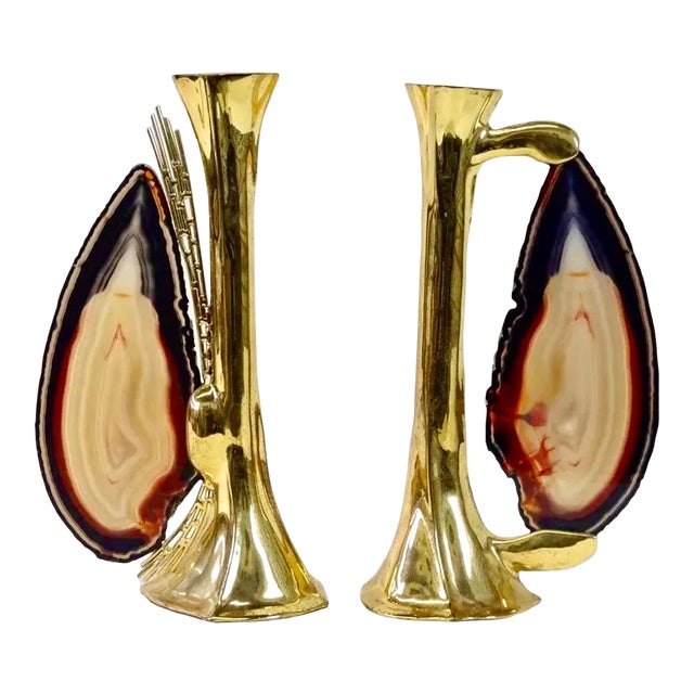 Jacques Duval Brasseur, 1970s French Brass & Raw Mineral Agate Specimen Sculpture Art Candlesticks Pair, c.1970's For Sale