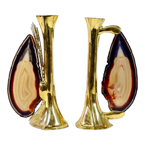 Jacques Duval Brasseur, 1970s French Brass & Raw Mineral Agate Specimen Sculpture Art Candlesticks Pair, c.1970's