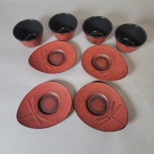Vintage Japanese Red Cast Iron Dragon & Dragonfly Tea Cups With Enameled Interiors & Saucers – Set of 8 For Sale - Image 4 of 7