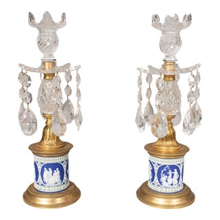 Pair of George III Cut Glass and Jasper Ware Candlesticks For Sale