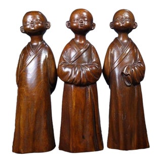 Set of 3 Vintage Chinese Boxwood Carved Monk Figures – "Zen Mind" (Chan Xin) Statues For Sale