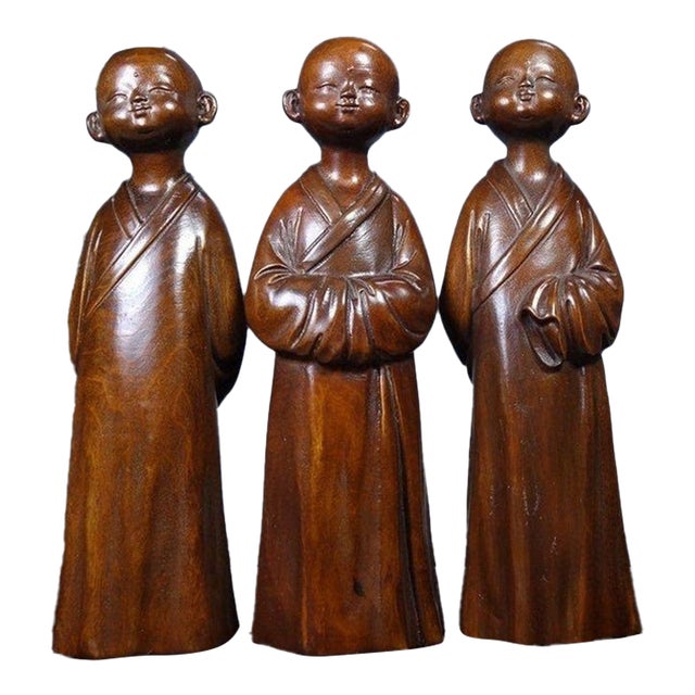 Set of 3 Vintage Chinese Boxwood Carved Monk Figures – "Zen Mind" (Chan Xin) Statues For Sale