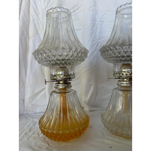 Victorian Set of 2 Vintage Diamond Cut Crystal Oil Burning Lamps For Sale - Image 3 of 4