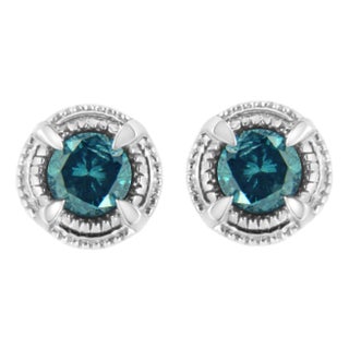 .925 Sterling Silver 1 1/2 cttw Treated Blue Diamond Modern 4-Prong Solitaire Milgrain Stud Earrings (Blue Color, I1-I2 Clarity) For Sale