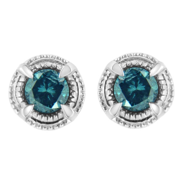 .925 Sterling Silver 1 1/2 cttw Treated Blue Diamond Modern 4-Prong Solitaire Milgrain Stud Earrings (Blue Color, I1-I2 Clarity) For Sale