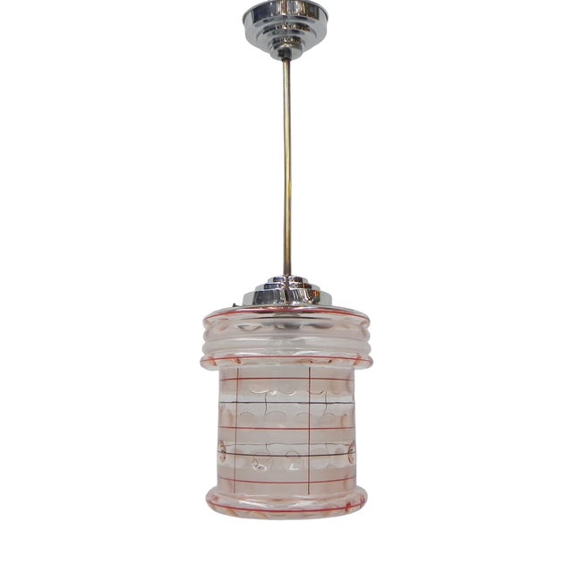 Art Deco Hanging Lamp with Pink Glass Shade For Sale