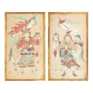 Chinese Emperor General & Attendants Gouache, 2 For Sale