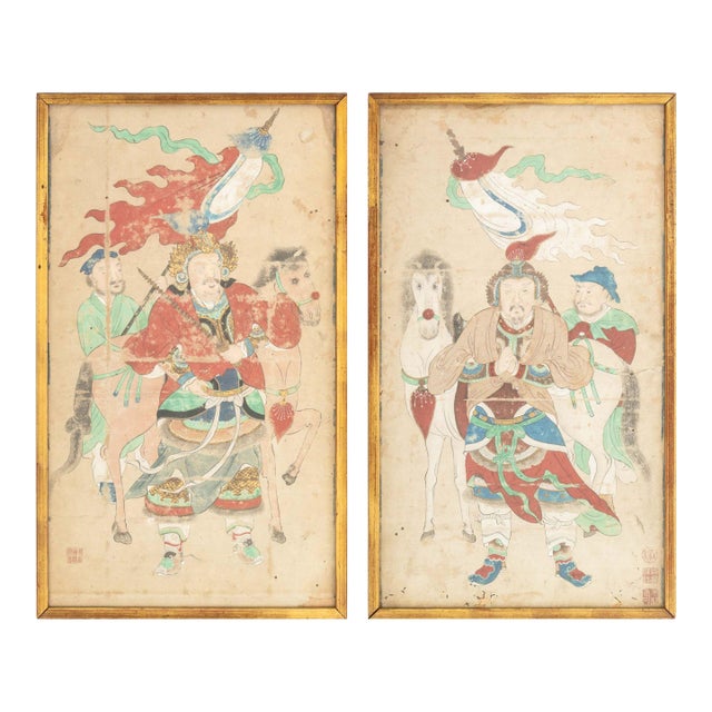 Chinese Emperor General & Attendants Gouache, 2 For Sale