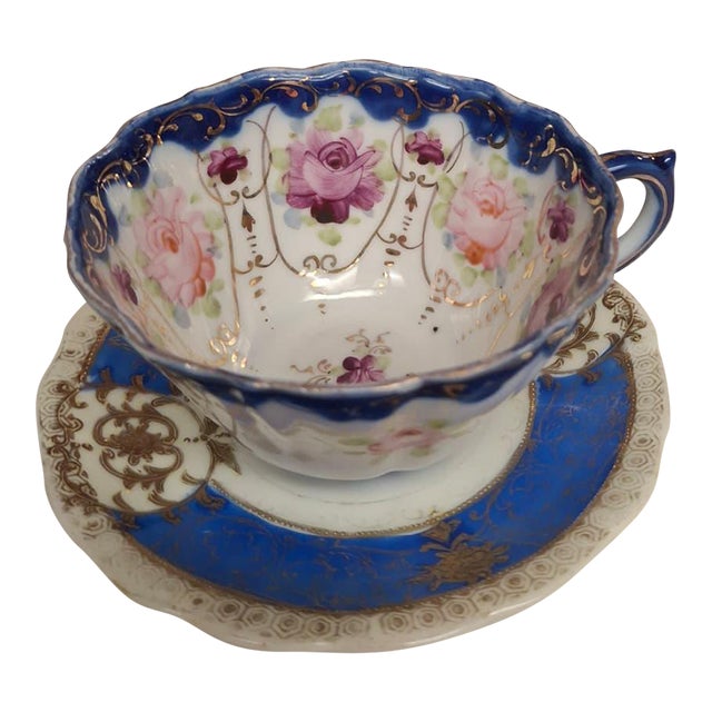 Vintage Cobalt Blue and Heavy Gold Floral Porcelain Teacup & Saucer For Sale