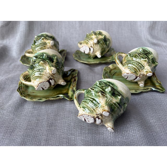 Vintage Majolica Style Shell Cup and Saucers Set of 9 Pieces For Sale In New York - Image 6 of 17