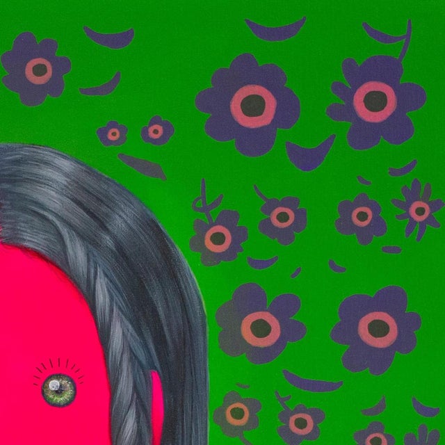 A vivid figurative portrait in acrylic that blends floral patterns, emoji-inspired motifs and saturated color to explore...