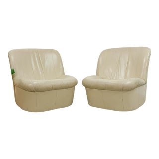 Vintage Cream Leather MCM Postmodern Swivel Glider Chair Pair 28" Wide For Sale