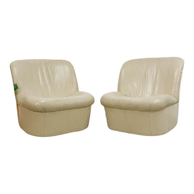 Vintage Cream Leather MCM Postmodern Swivel Glider Chair Pair 28" Wide For Sale
