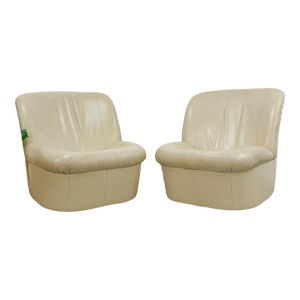 Vintage Cream Leather MCM Postmodern Swivel Glider Chair Pair 28" Wide