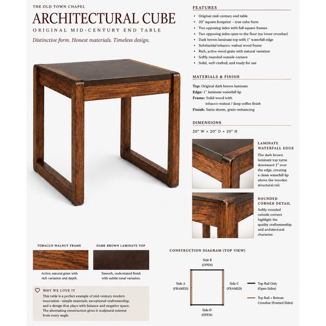 Architectural Cube Mid-Century End Table — Tobacco Walnut & Original Chocolate Laminate A striking example of mid-century...