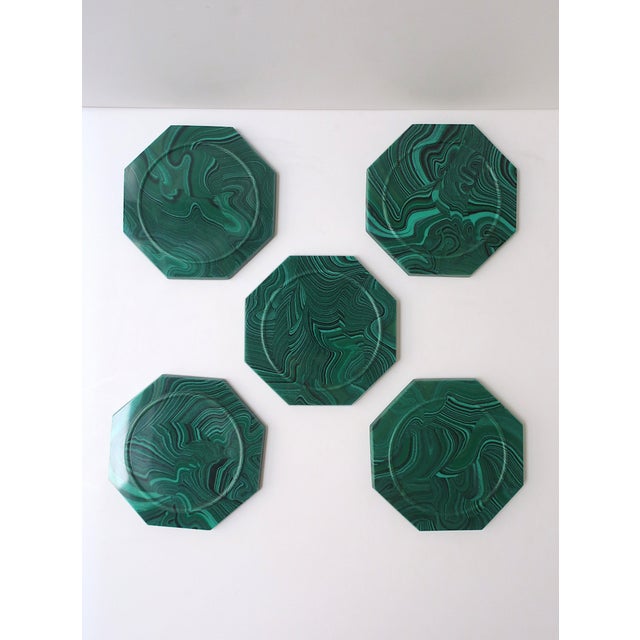 A set for five (5) striking green resin malachite coasters with an octagon shape, in the Hollywood Regency style, circa...
