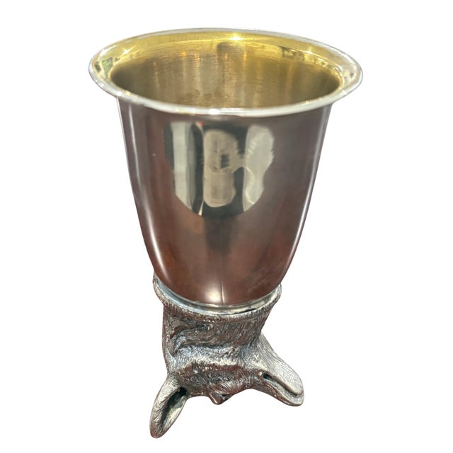 Vintage Gucci figural stirrup cup featuring a wonderfully detailed sculptural fox head beneath a polished silver-tone...