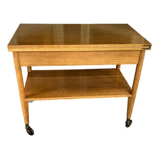 Vintage Scandinavian Mid‑Century Flip‑Top Bar Cart – Solid Oak Serving Trolley on Casters For Sale