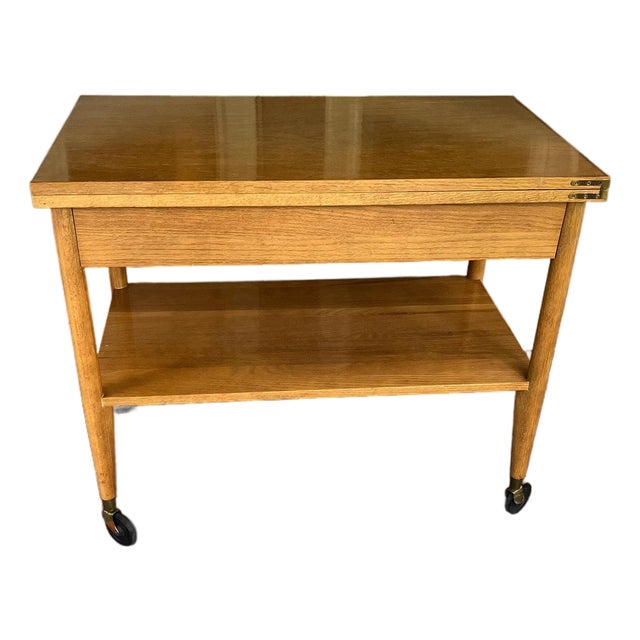 Vintage Scandinavian Mid‑Century Flip‑Top Bar Cart – Solid Oak Serving Trolley on Casters For Sale