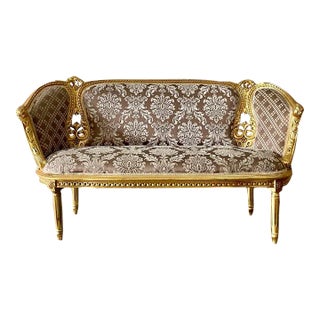 French Brown Damask Gold Leaf Settee For Sale