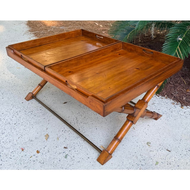 Large rustic Ralph Lauren bamboo style coffee table with 2 removable trays. I would love this table for doing puzzles,...