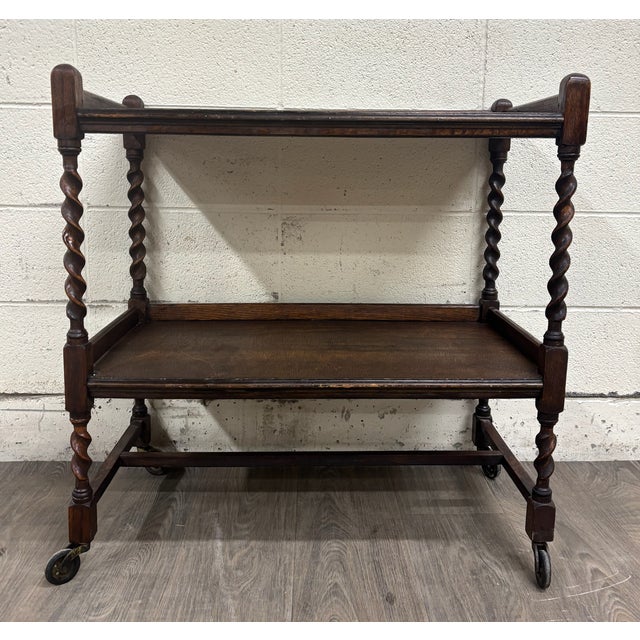 Antique English Barley Twist Oak Trolley Tea Cart Dumbwaiter For Sale In Kansas City - Image 6 of 9