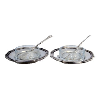 Silver Butter Dishes with Glass Cores and Knives with Twisted Handles, Set of 6 For Sale