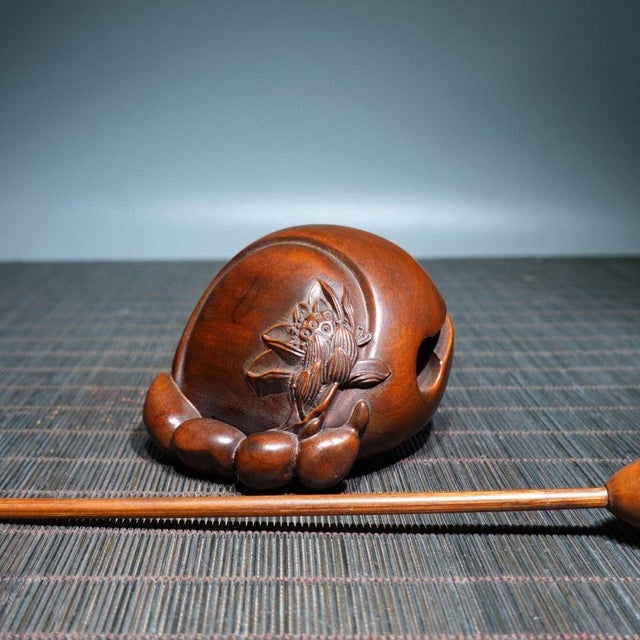 Vintage Chinese Boxwood "Lotus" Wooden Fish (Muyu) With Mallet - 115g For Sale - Image 9 of 9