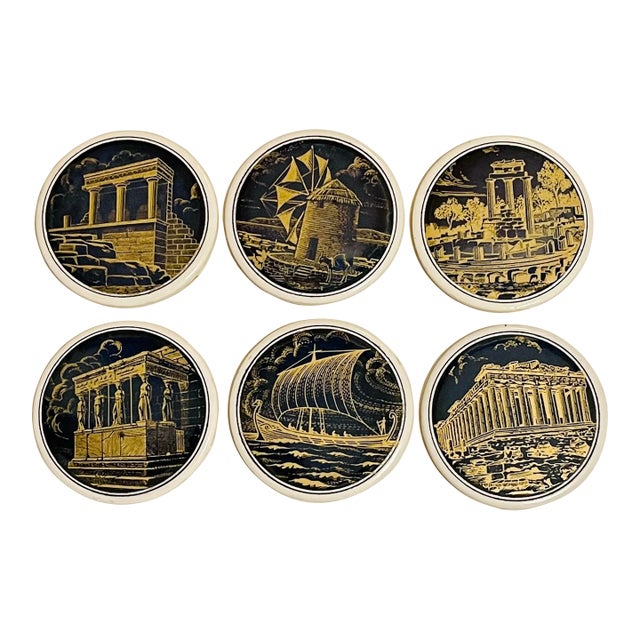 Mid 20th Century Navy & Gold Ceramic Coasters- Set of 6 For Sale