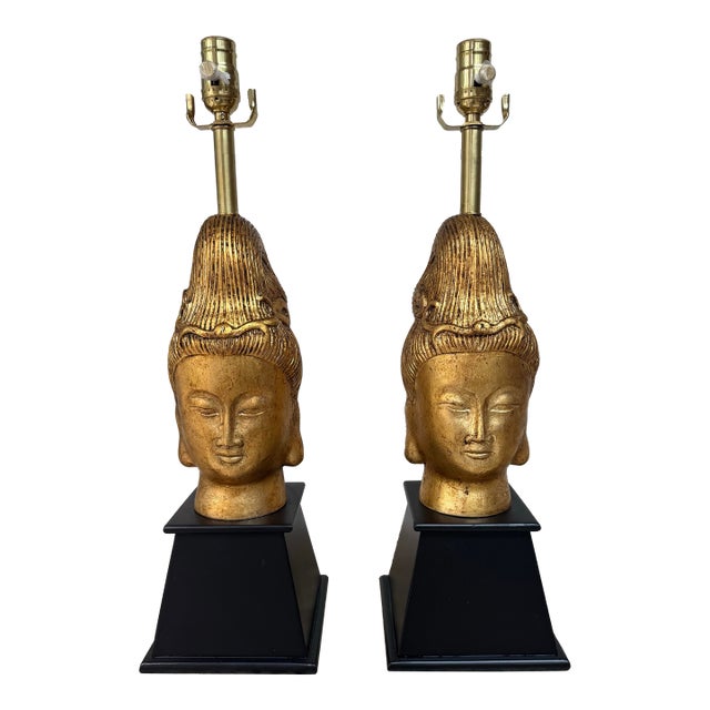 Pair of Mid Century Hollywood Regency Buddha Head Lamps in the Style of James Mont – Gold Leaf, Restored, 1960s For Sale