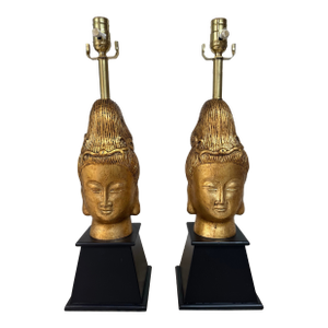 Pair of Mid Century Hollywood Regency Buddha Head Lamps in the Style of James Mont – Gold Leaf, Restored, 1960s