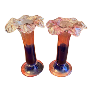 Vintage Pair of Murano Colbalt Blue With Pink Swirl Floral Studio Art Glass Vases