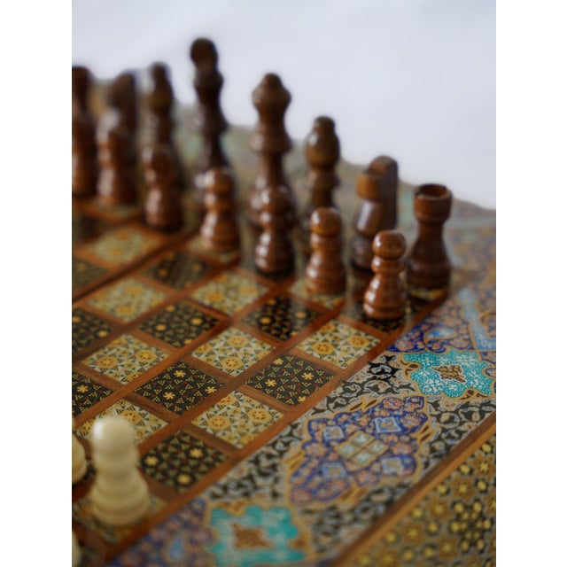 2020s Compact Khatam Marquetry and Tazhib Chess & Backgammon Set With Mother-of-Pearl For Sale - Image 5 of 6