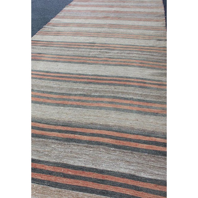 Vintage Turkish Kilim Runner With Stripe and Modern Design in Charcoal and Coral For Sale In Atlanta - Image 6 of 12