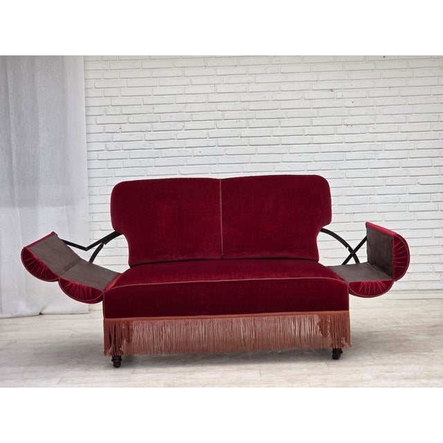 Danish 2-Seater Drop Arm and Back Sofa in Cherry-Red Velour, 1950s For Sale - Image 6 of 18