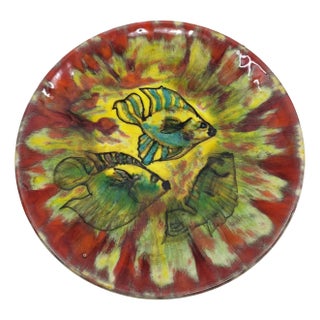 Decorative Plate Decorated with Multicolored Fish by Yves Alain Pleuven for Quimper, 1950s For Sale