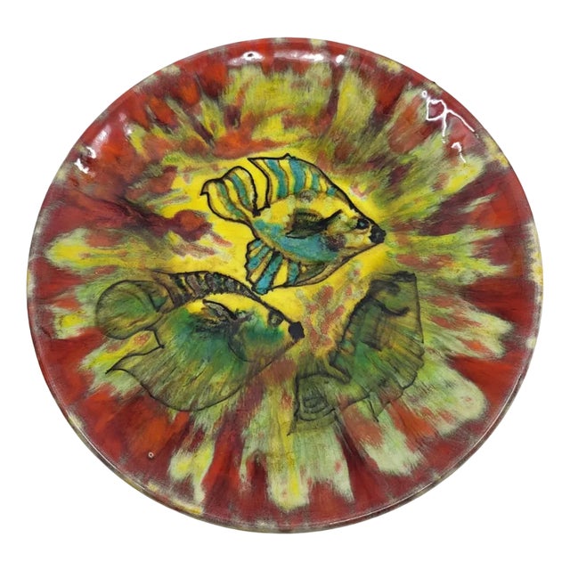 Decorative Plate Decorated with Multicolored Fish by Yves Alain Pleuven for Quimper, 1950s For Sale