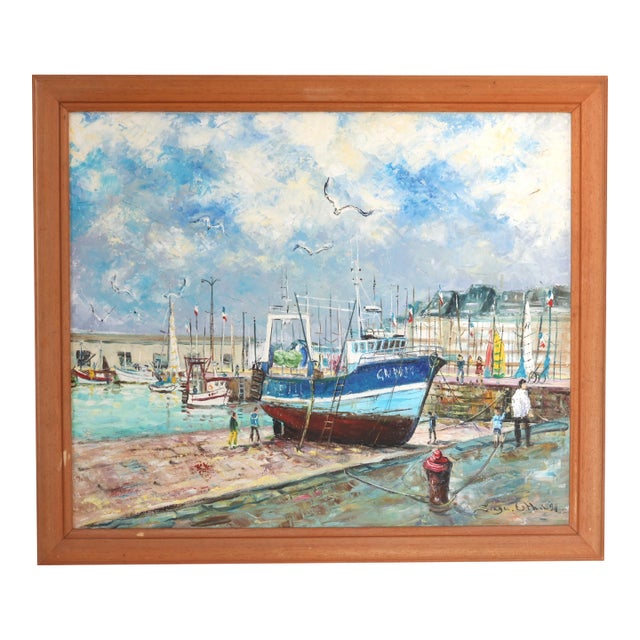 Vivid Normandy Harbor Scene Oil Painting, Signed For Sale