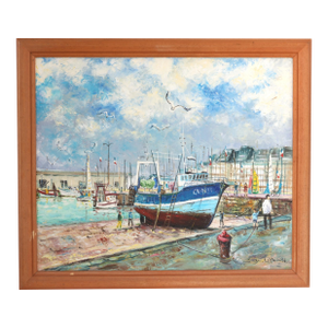 Vivid Normandy Harbor Scene Oil Painting, Signed