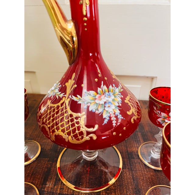 1950s Red Glass Decanter Set Hand Enameled Pitcher 6 Glasses Italy Art Glass Gold Trim For Sale - Image 9 of 9