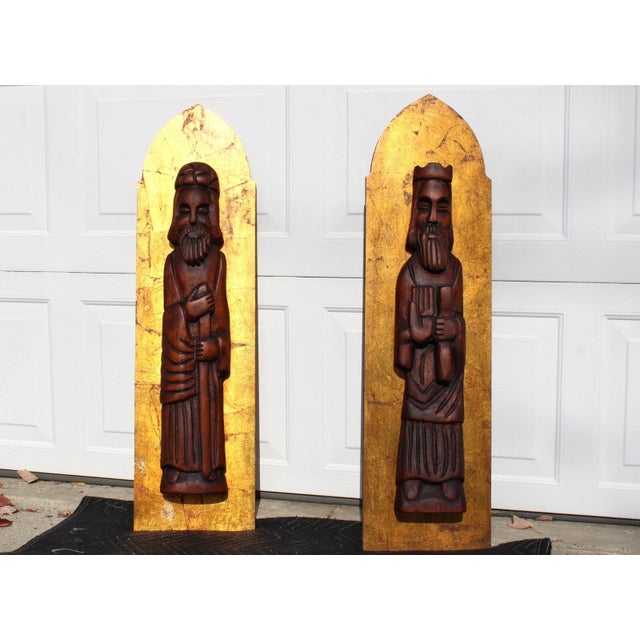 Gold 1960s Jaru California 36" Wall Art Wood Carved Figures Gold Plaques For Sale - Image 8 of 17
