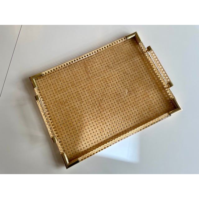 Large tray made of acrylic glass, wickerwork, and brass accents, Italy, 1970s.