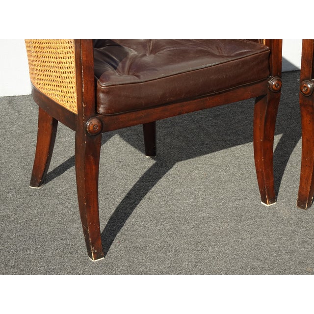 Pair Vintage Theodore Alexander Brown Tufted Leather and Double Cane