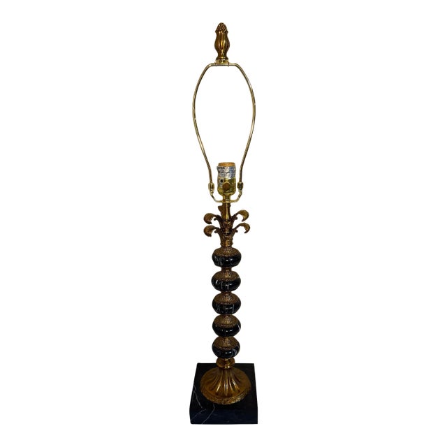 Hollywood Regency Stacked Black Marble Antique Gold Acanthus Table Lamp For Sale