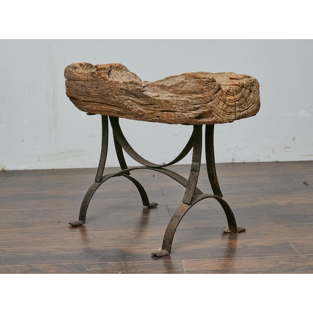 Rustic Mid-Century Wooden Trough Accent Table on Custom Iron Base For Sale - Image 4 of 12