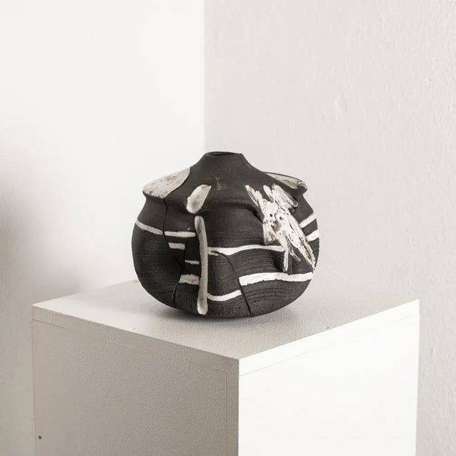 Mid-Century Modern Black Ceramic Vessel with White Glaze For Sale - Image 3 of 9