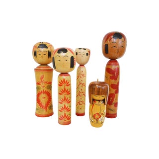 Vintage Japanese Wooden Kokeshi Dolls - Set of 5 For Sale