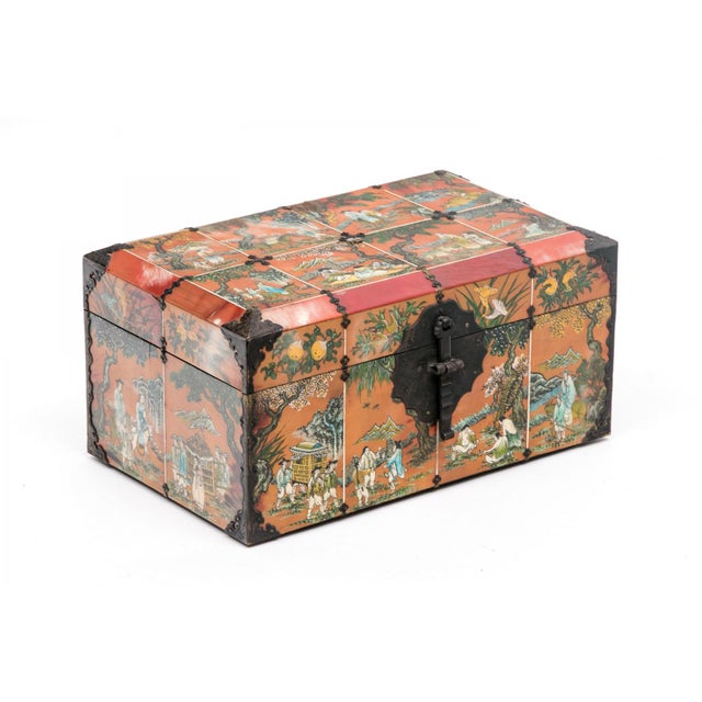 Vintage Chinese Painted Jewelry Box With Metal Mounts For Sale - Image 11 of 16