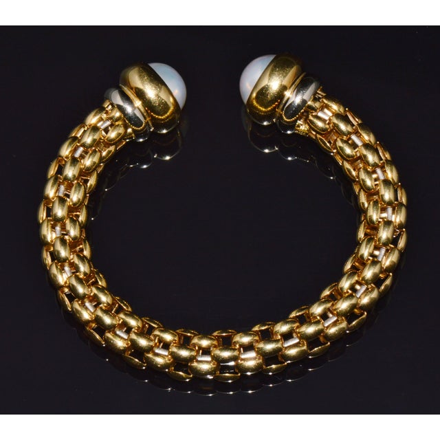 Italian Vintage Fope Flex It Solid 18k Gold Pearl Open Cuff Bangle Bracelet For Sale - Image 3 of 13