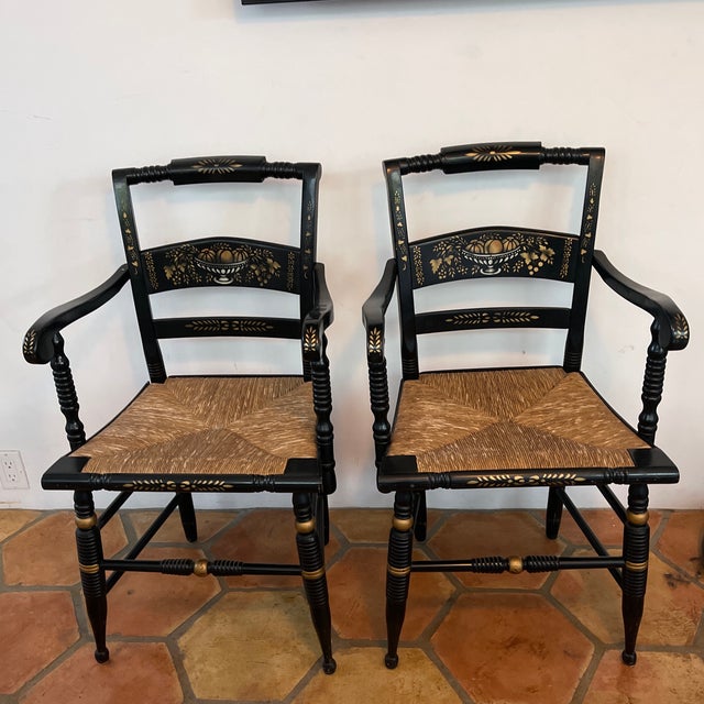 Hitchcock Nichols & Stone Black and Gold Stenciled Rush Seat Chairs a